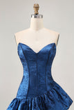 A Line Strapless Asymmetrical Dark Blue Graduation Dress