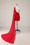 Sparkly Sequins One Shoulder Cut Out Tight Short Red Graduation Dress with Streamer