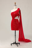 Sparkly Sequins One Shoulder Cut Out Tight Short Red Graduation Dress with Streamer