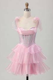 Sparkly Pink Straps Bow Corset Tiered Beaded Graduation Dress