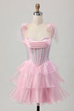 Sparkly Pink Straps Bow Corset Tiered Beaded Graduation Dress