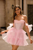 Sparkly Pink Off The Shoulder Corset A Line Tiered Graduation Dress