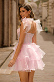 Sparkly Pink Off The Shoulder Corset A Line Tiered Graduation Dress