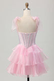 Sparkly Pink Straps Bow Corset Tiered Beaded Graduation Dress
