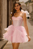 Sparkly Pink Off The Shoulder Corset A Line Tiered Graduation Dress
