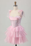 Sparkly Pink Straps Bow Corset Tiered Beaded Graduation Dress