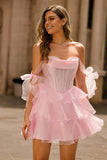 Sparkly Pink Off The Shoulder Corset A Line Tiered Graduation Dress