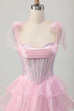 Sparkly Pink Straps Bow Corset Tiered Beaded Graduation Dress