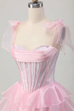 Sparkly Pink Straps Bow Corset Tiered Beaded Graduation Dress