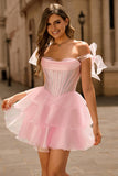 Sparkly Pink Off The Shoulder Corset A Line Tiered Graduation Dress