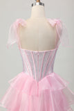 Sparkly Pink Straps Bow Corset Tiered Beaded Graduation Dress