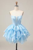 Blue Tiered Corset A Line Strapless Graduation Dress with Lace Up Back