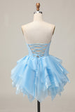 Blue Tiered Corset A Line Strapless Graduation Dress with Lace Up Back