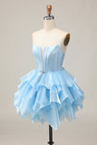 Blue Tiered Corset A Line Strapless Graduation Dress with Lace Up Back
