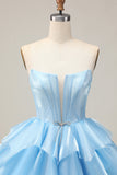Blue Tiered Corset A Line Strapless Graduation Dress with Lace Up Back