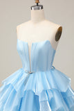 Blue Tiered Corset A Line Strapless Graduation Dress with Lace Up Back