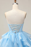 Blue Tiered Corset A Line Strapless Graduation Dress with Lace Up Back
