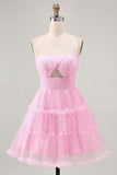 Glitter Halter Cut Out Pink Ruffled A-Line Graduation Dress
