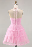 Glitter Halter Cut Out Pink Ruffled A-Line Graduation Dress