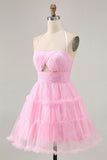 Glitter Halter Cut Out Pink Ruffled A-Line Graduation Dress