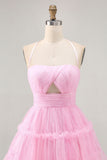 Glitter Halter Cut Out Pink Ruffled A-Line Graduation Dress
