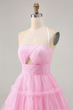 Glitter Halter Cut Out Pink Ruffled A-Line Graduation Dress