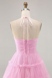 Glitter Halter Cut Out Pink Ruffled A-Line Graduation Dress