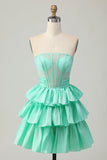 Green A Line Strapless Tiered Corset Beaded Graduation Dress with Bow