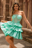 Green A Line Strapless Tiered Corset Beaded Graduation Dress with Bow