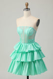 Green A-line Strapless Tiered Corset Beaded Short Graduation Dress with Bow