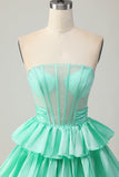 Green A-line Strapless Tiered Corset Beaded Short Graduation Dress with Bow