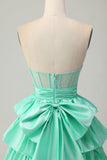 Green A-line Strapless Tiered Corset Beaded Short Graduation Dress with Bow