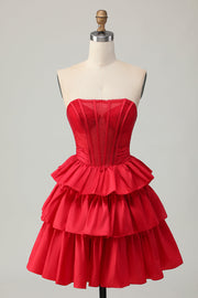 Red Strapless A-line Tiered Corset Beaded Short Graduation Dress with Bow