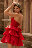 Strapless Red A Line Tiered Corset Beaded Short Graduation Dress with Bow