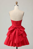 Strapless Red A Line Tiered Corset Beaded Short Graduation Dress with Bow