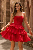 Strapless Red A Line Tiered Corset Beaded Short Graduation Dress with Bow