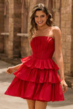 Strapless Red A Line Tiered Corset Beaded Short Graduation Dress with Bow