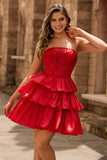 Strapless Red A Line Tiered Corset Beaded Short Graduation Dress with Bow