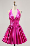 Metallic Fuchsia Halter Pleated Graduation Dress