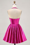 Metallic Fuchsia Halter Pleated Graduation Dress