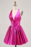 Metallic Fuchsia Halter Pleated Graduation Dress