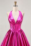 Metallic Fuchsia Halter Pleated Graduation Dress