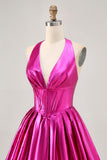 Metallic Fuchsia Halter Pleated Graduation Dress