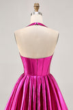 Metallic Fuchsia Halter Pleated Graduation Dress