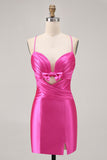 Fuchsia Cut Out Pleated Tight Graduation Dress with Bow