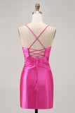 Fuchsia Cut Out Pleated Tight Graduation Dress with Bow
