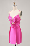 Fuchsia Cut Out Pleated Tight Graduation Dress with Bow