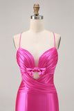 Fuchsia Cut Out Pleated Tight Graduation Dress with Bow