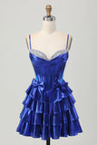 Metallic A-line Tiered Corset Royal Blue Graduation Dress with Bows