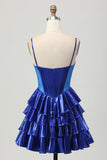 Metallic A Line Tiered Corset Short Graduation Dress with Bows